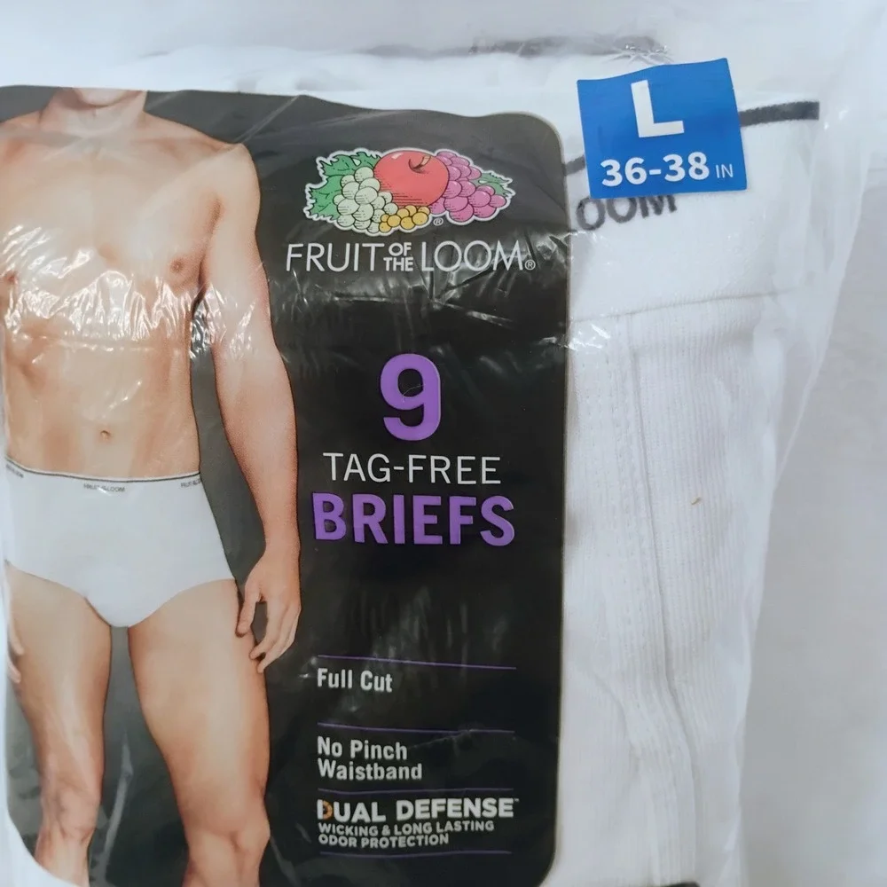 Fruit of the Loom Mens 9 Pk Tag Free Briefs White Full Cut Size L 36-38 Dual